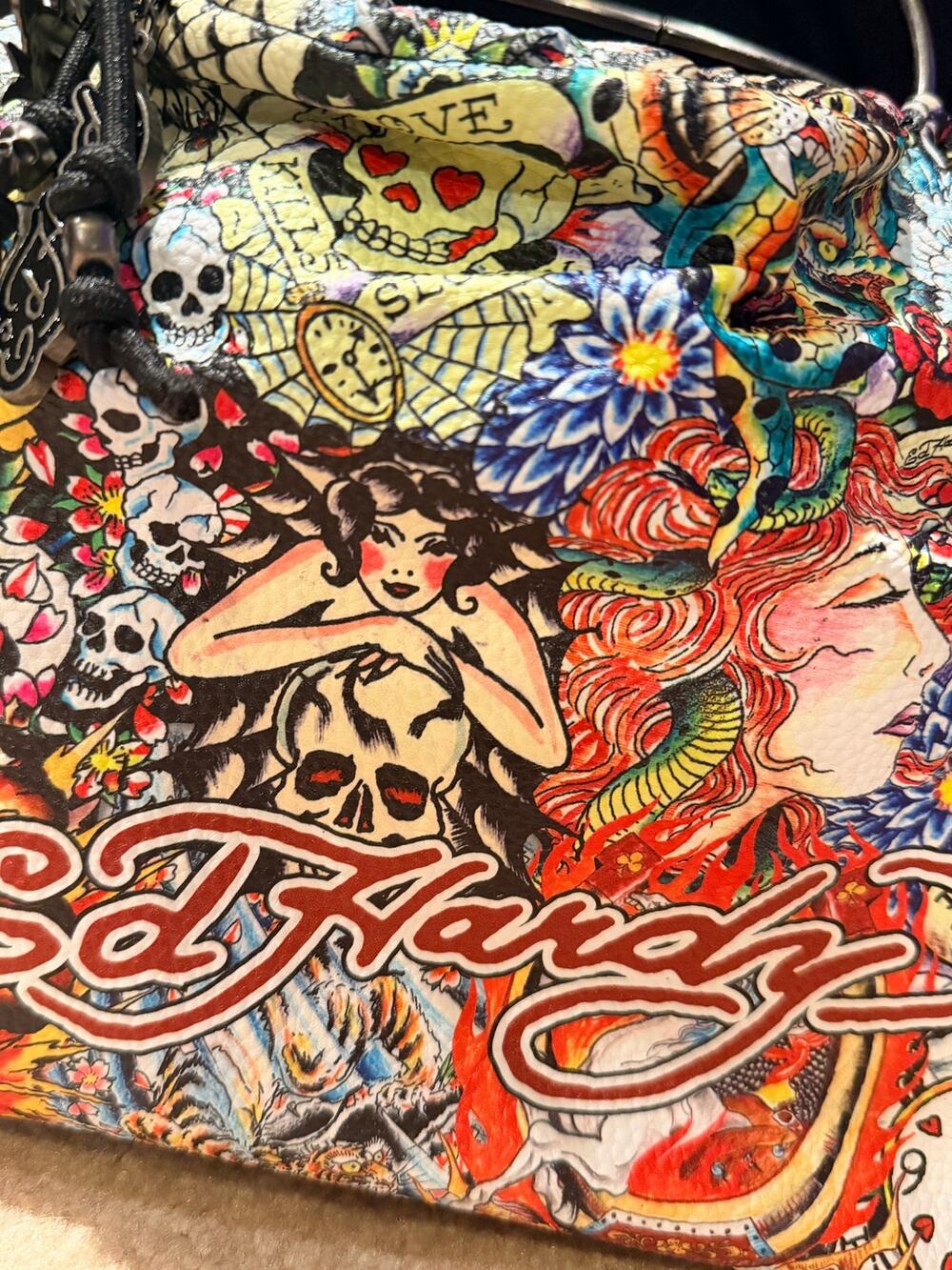 Ed Hardy Multicolored Tattoo Flash Graphic Tote Bag Purse Metal Rings Y2K NWT